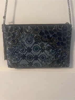 Mary Frances Embellished Blue Crossbody Bag with Chain Strap